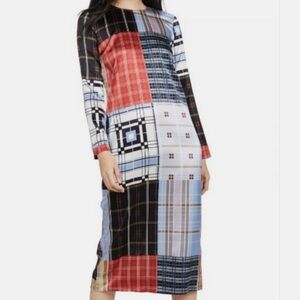 Ganni Patchwork Plaid Long Sleeve Midi Dress - Red, Blue, Black, White